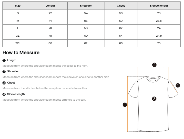 Measurement chart for shirts with size guide and how to measure instructions.
