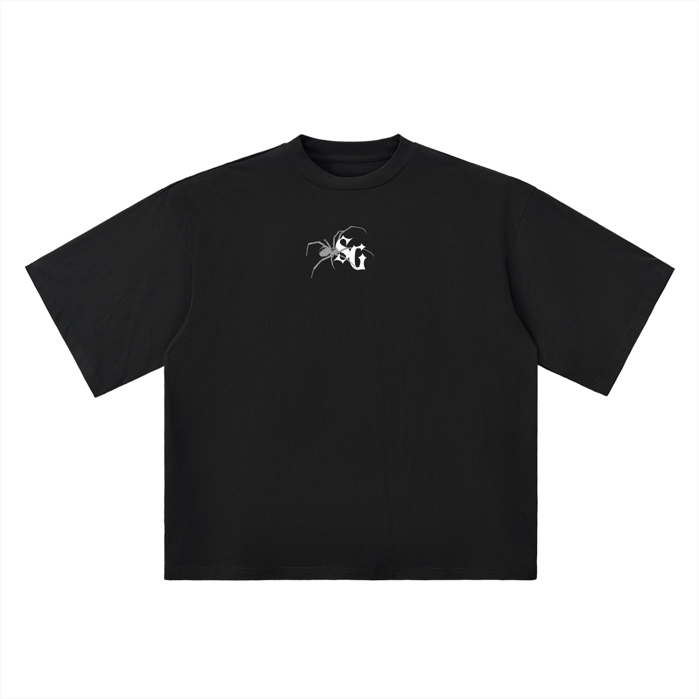 Black t-shirt with a logo on the chest against a white background