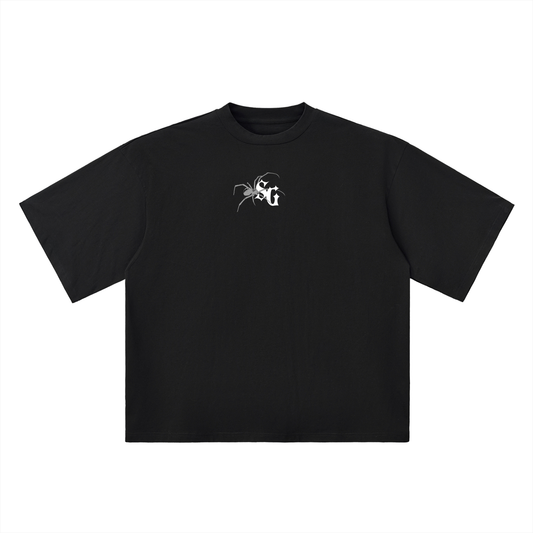 Black t-shirt with a logo on the chest against a white background