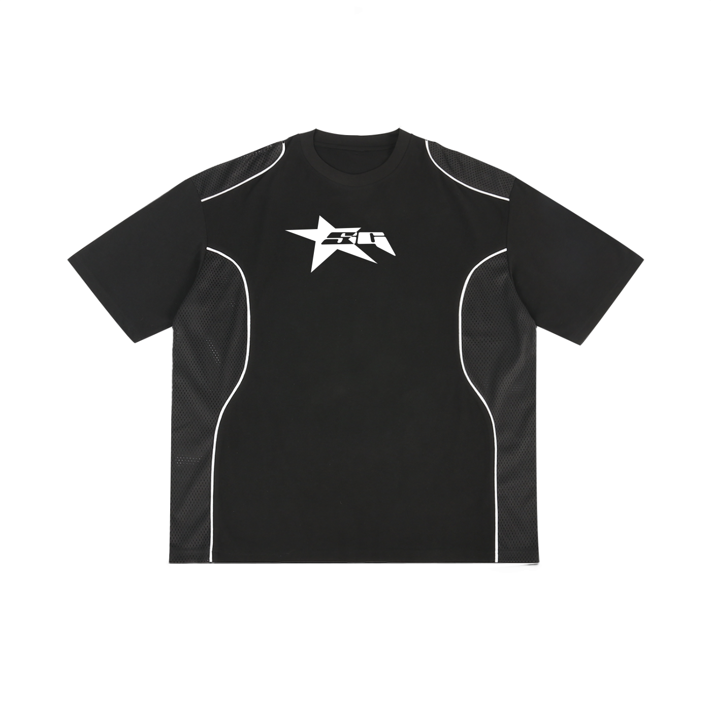 Black athletic shirt with a logo on a white background