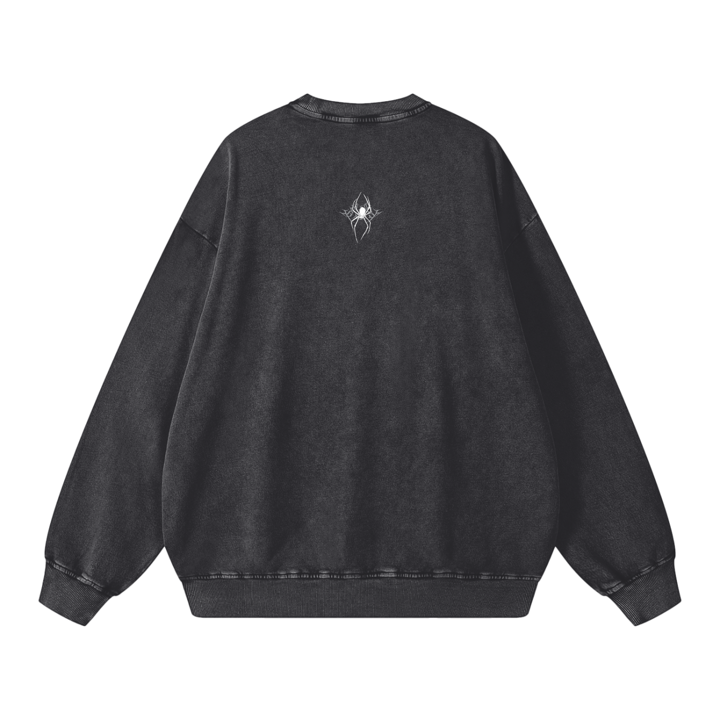 Back view of a black washed sweatshirt, featuring a small white spider graphic positioned above a stylized metal logo that reads "SXDGXDS" at the upper back.
