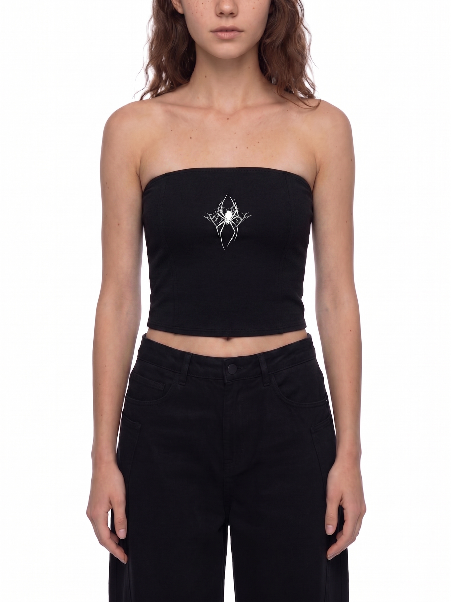 Black strapless top with a white graphic design worn by a person on a white background