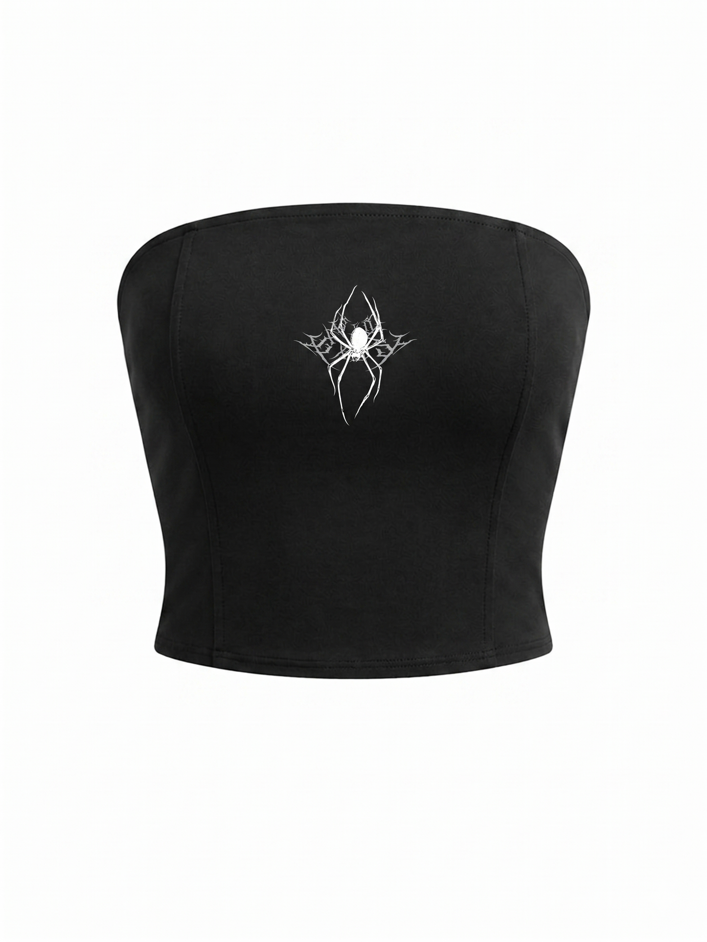 Black tube top with a spider design on a white background
