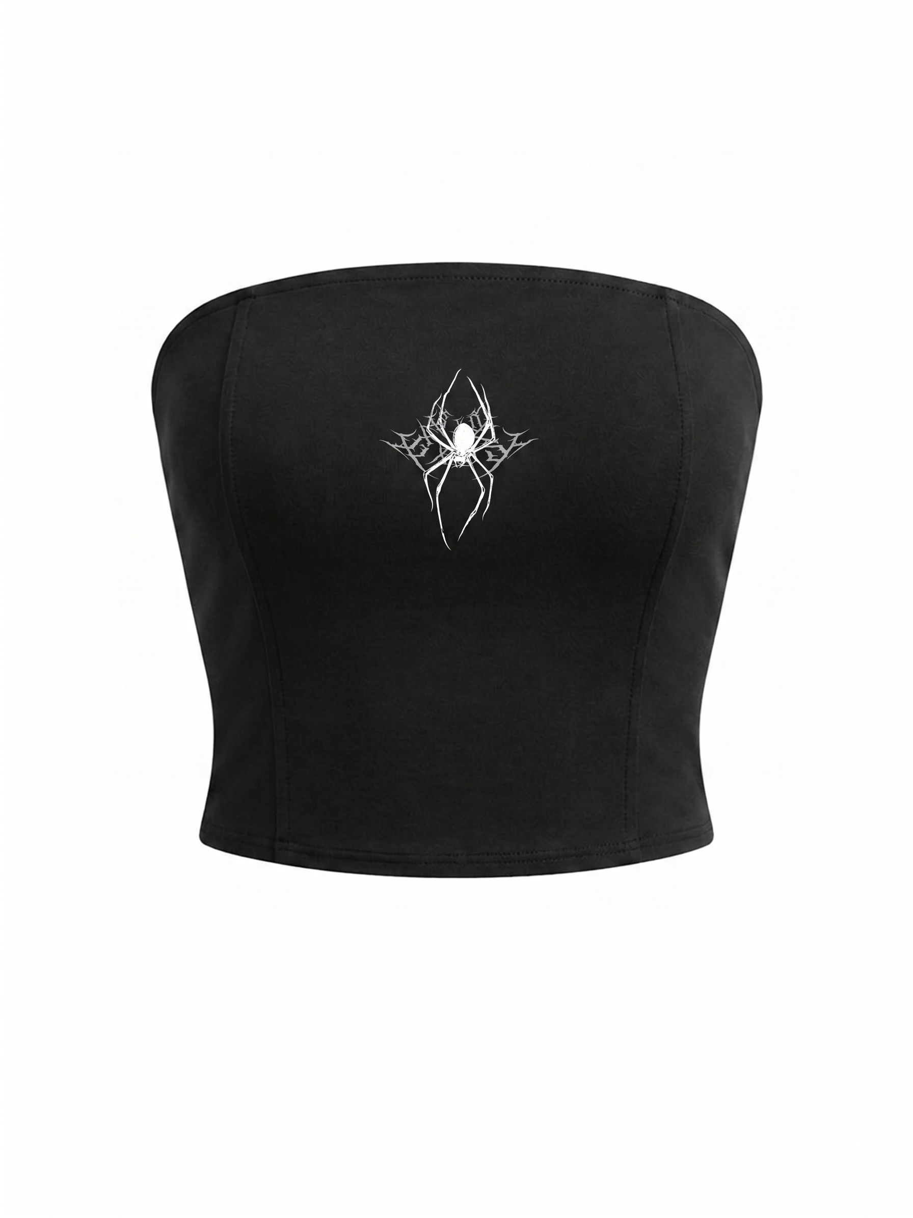 Black tube top with a spider design on a white background