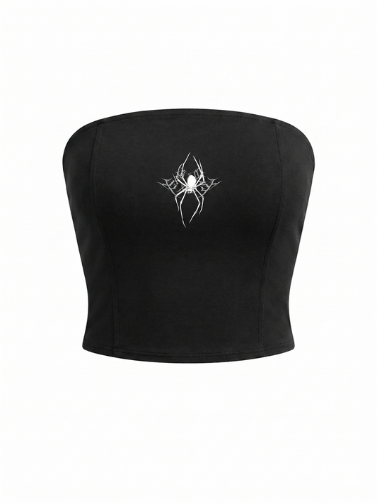 Black tube top with a spider design on a white background