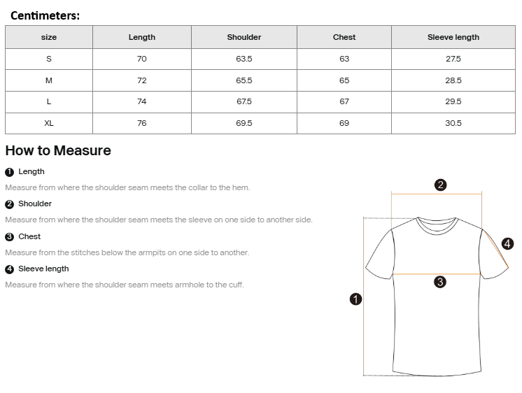Measurement chart for shirts with size chart and how-to-measure guide on a white background
