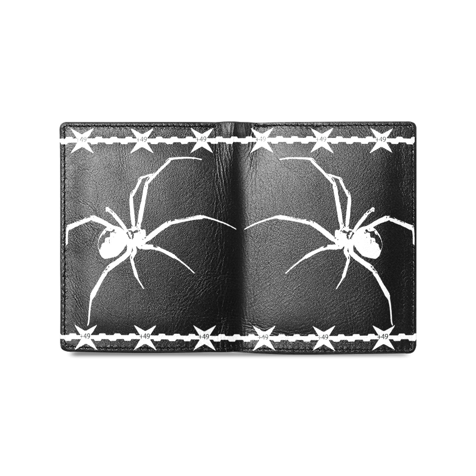 SXDGXDS leather wallet, featuring two white spider graphics and a repeating pattern of stars and chains.