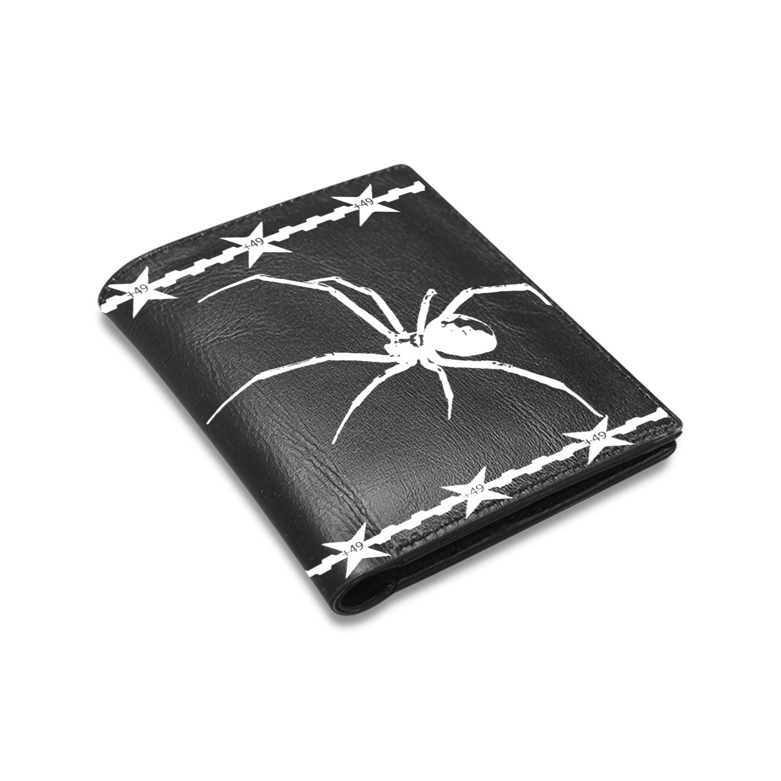 Black SXDGXDS leather wallet with a white spider graphic in the center and white star accents around the edges.