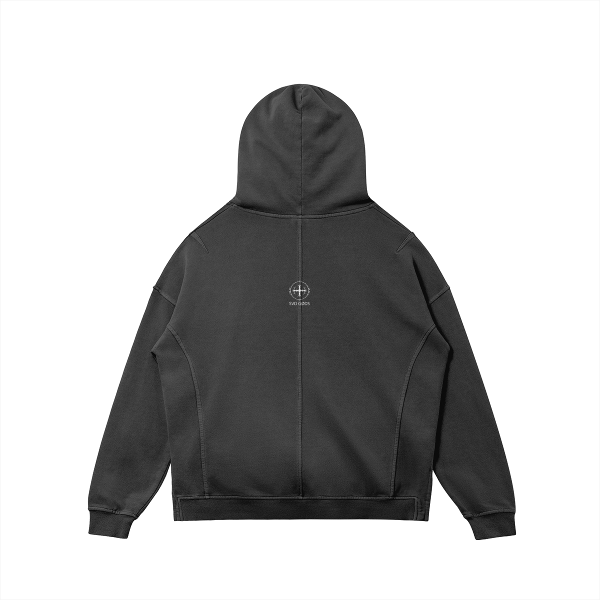 Back of the SXDGXDS "Gxd's Sword" Hoodie, featuring a white graphic with a cross symbol and the text "SXDGXDS."