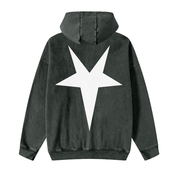 Back of the SXDGXDS "Sigil of Baphomet" Zip-Up Hoodie, featuring a distressed, tie-dye effect and a large white star graphic.