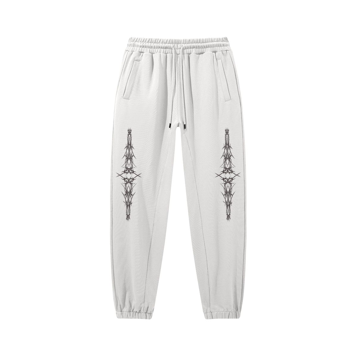 White SXDGXDS "Cyber Gxd" Joggers with a graphic design featuring two vertical, symmetrical patterns on the legs.