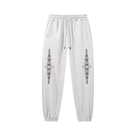 White SXDGXDS "Cyber Gxd" Joggers with a graphic design featuring two vertical, symmetrical patterns on the legs.