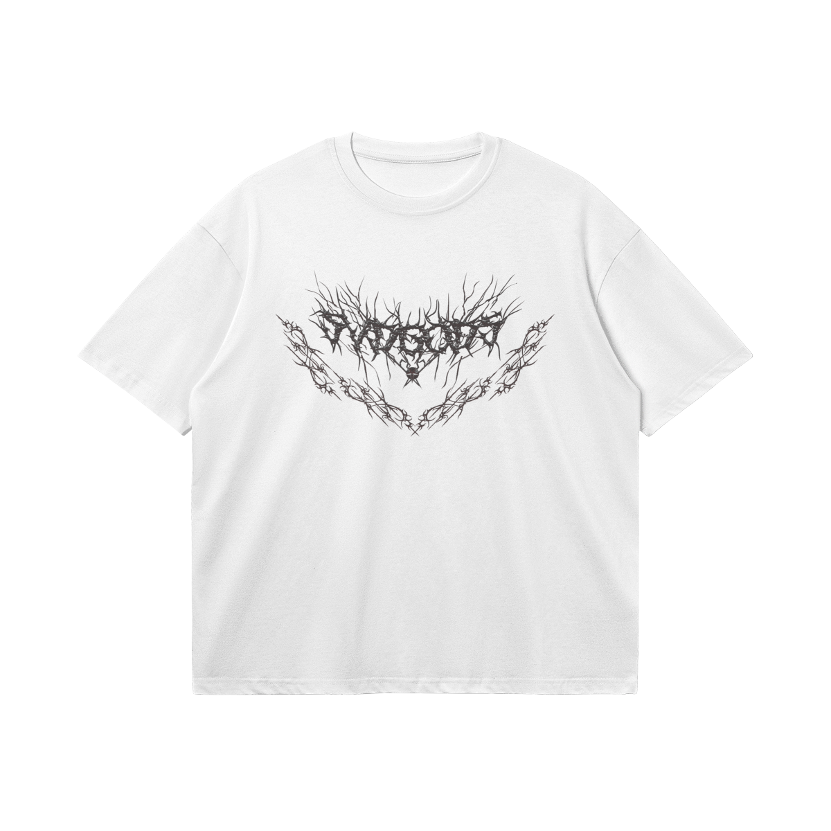 White SXDGXDS "Cyber Gxd" T-Shirt with a black graphic featuring a chain-like design and the words "Cyber Gxd" across the chest.