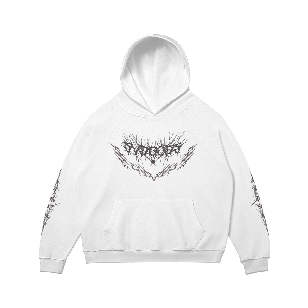 White SXDGXDS "Cyber Gxd" Hoodie with a black graphic featuring a chain-like design and the words "Cyber Gxd" across the chest.