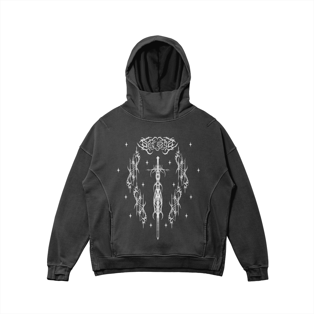 Black SXDGXDS "Gxd's Sword" Hoodie with a white graphic featuring a sword surrounded by a circular design of thorns and stars.