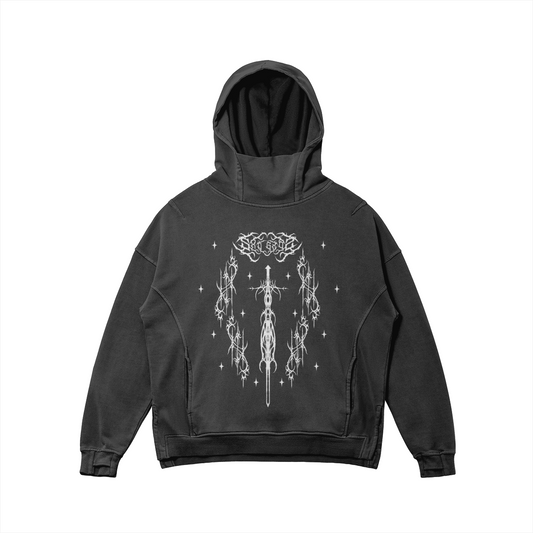 Black SXDGXDS "Gxd's Sword" Hoodie with a white graphic featuring a sword surrounded by a circular design of thorns and stars.