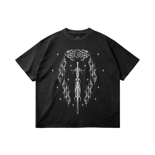 Black SXDGXDS "Gxd's Sword" T-shirt with a white graphic featuring a sword surrounded by a circular design of thorns and stars.