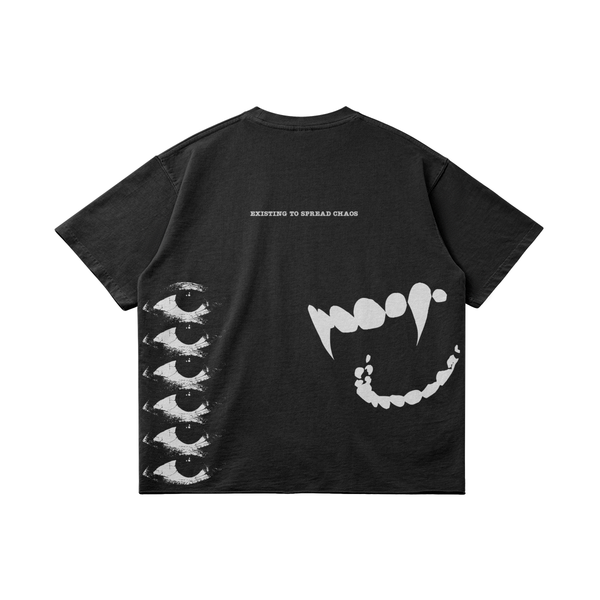 SXDGXDS "Vamperium" T-shirt, featuring a white graphic with the text "EXISTING TO SPREAD CHAOS," multiple eyes, and a set of fangs.