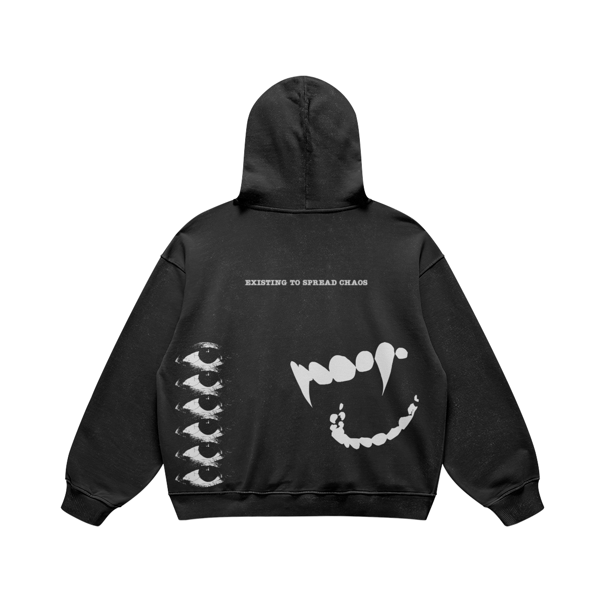 SXDGXDS "Vamperium" Hoodie, featuring a white graphic with the text "EXISTING TO SPREAD CHAOS," multiple eyes, and a set of fangs.