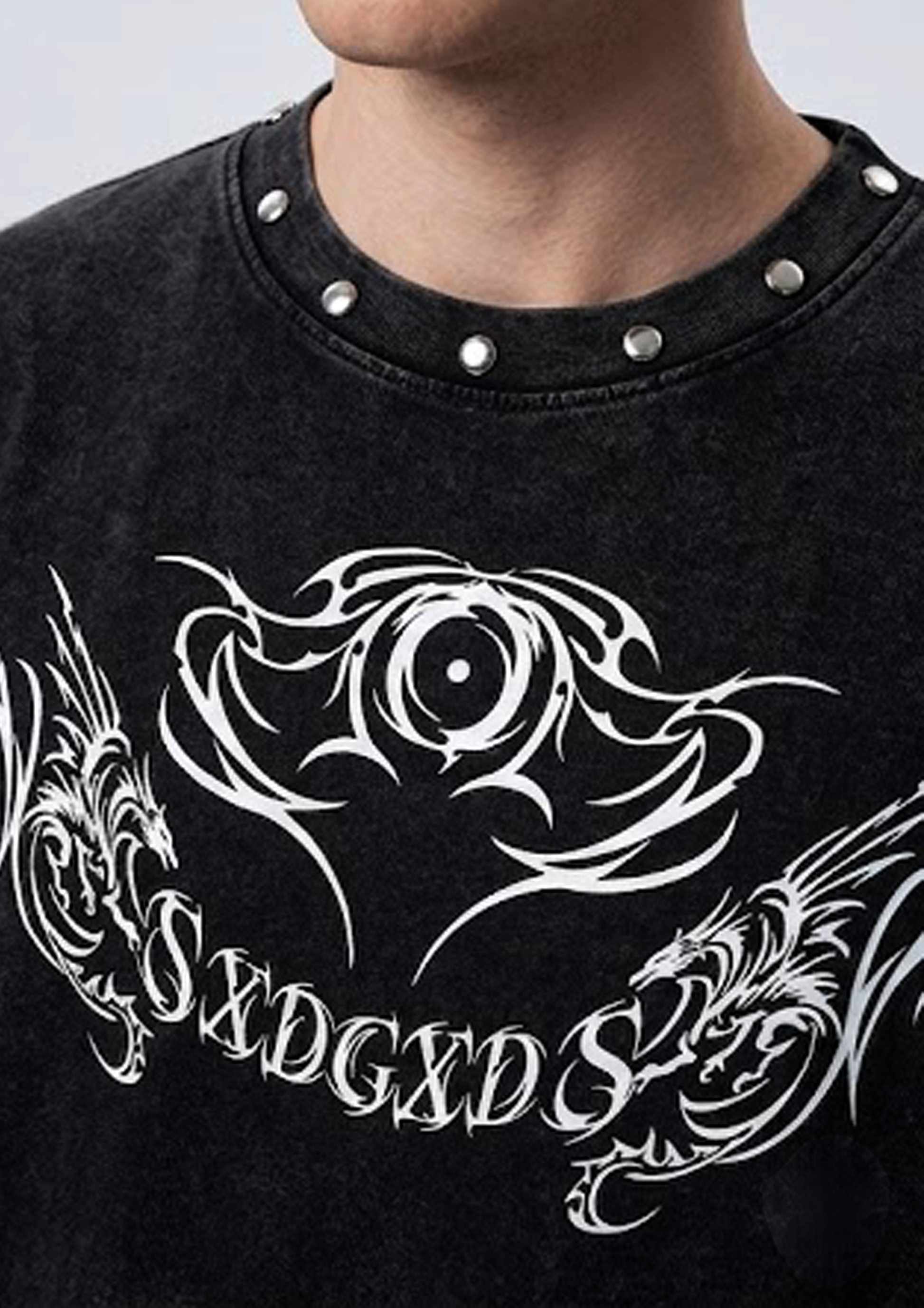 Black T-Shirt with white dragon design and studded collar