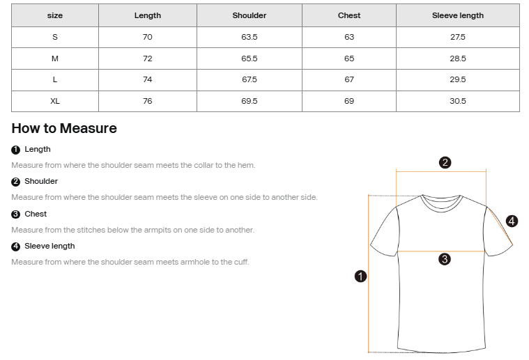 Size chart for a t-shirt with measurements in centimeters
