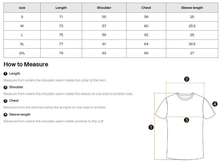 Measurement chart for shirts with size chart and how-to-measure guide.