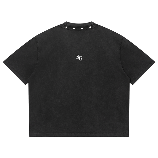 Black t-shirt with a small logo on the chest against a white background