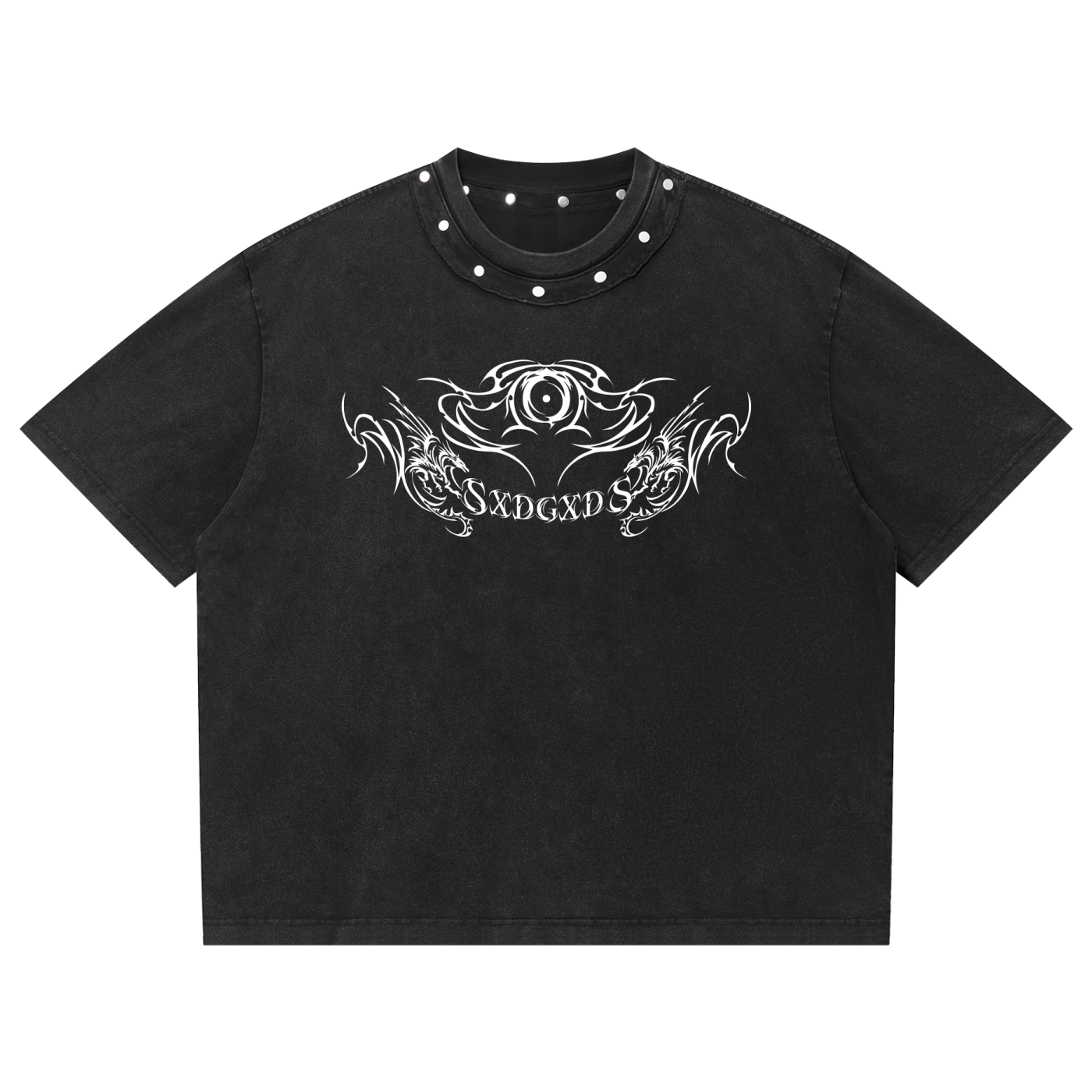 Black t-shirt with white graphic design on a white background