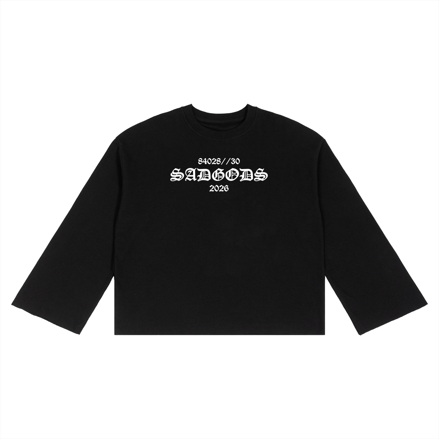 Black sweatshirt with white text on a white background