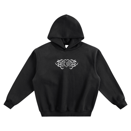 A black unisex hooded sweatshirt displays a white abstract graphic on the chest.