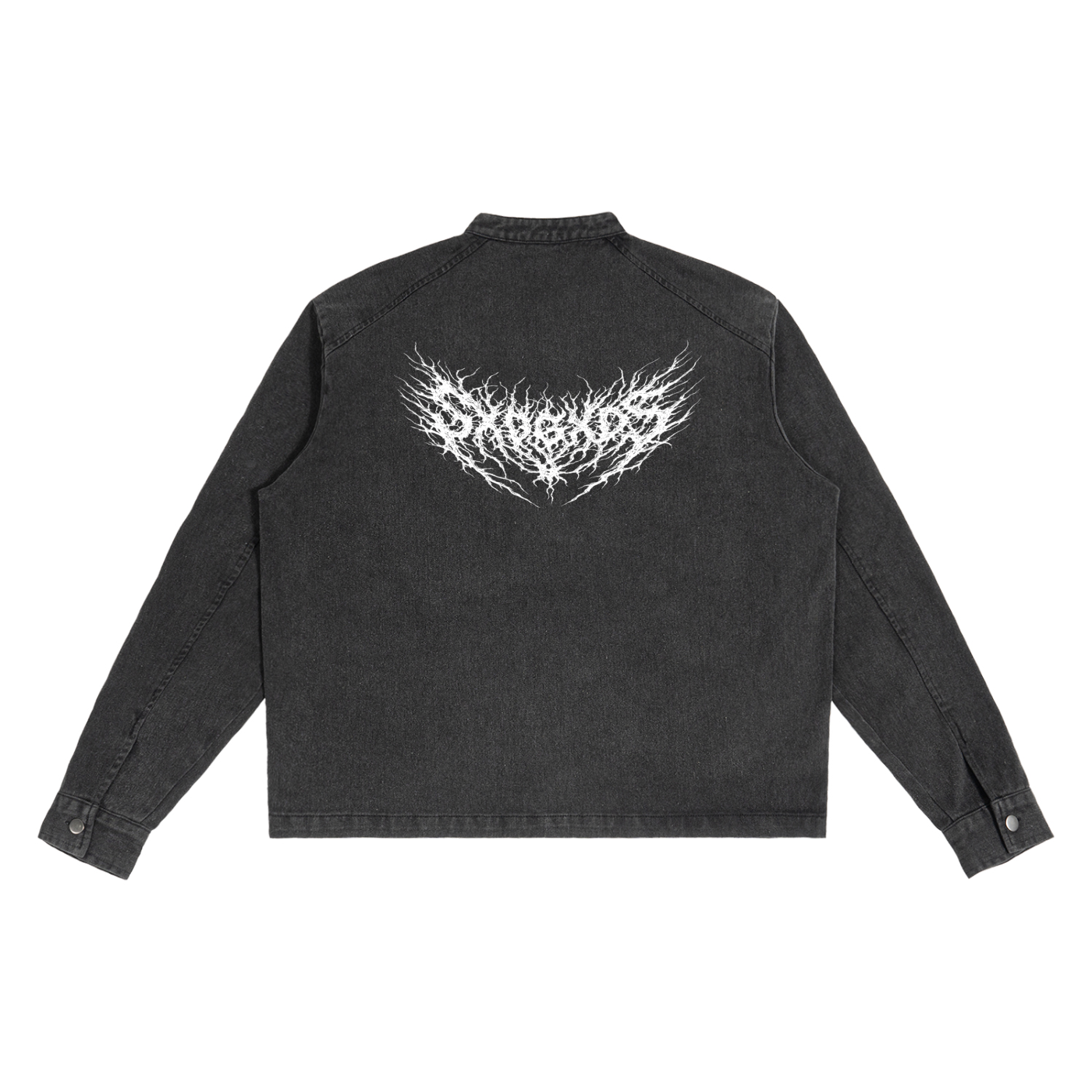 Black jacket with white graphic design on the back against a white background