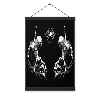 A black matte poster hangs from a natural wood hanger. The poster features a white graphic of two figures in gas masks flanking a spider-like design at the top.