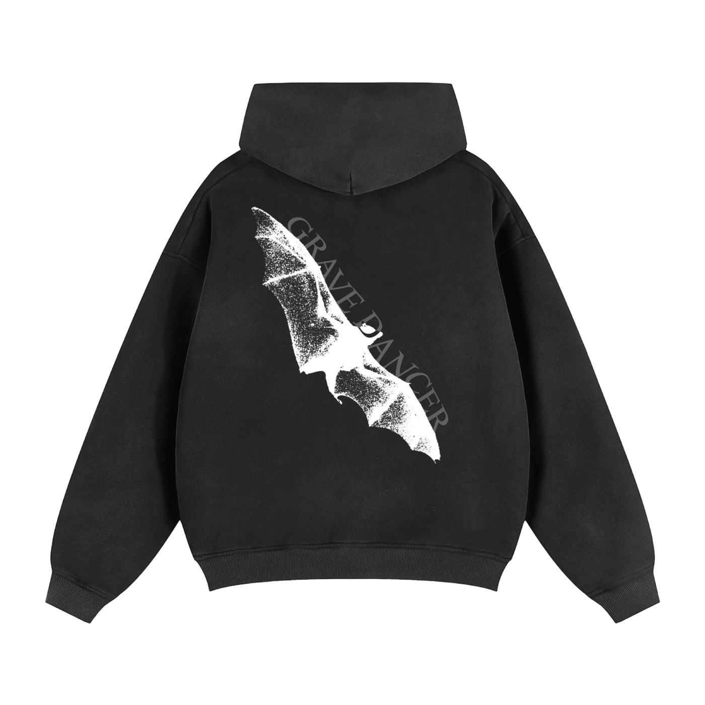A washed black unisex zipper hoodie features a white graphic of a bat wing and the text "GRAVE DANCER" on the back.