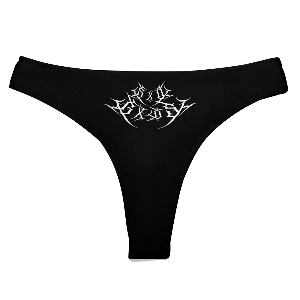 Front size of a women's thong with a heavy metal logo in the middle saying "SXDGXDS"