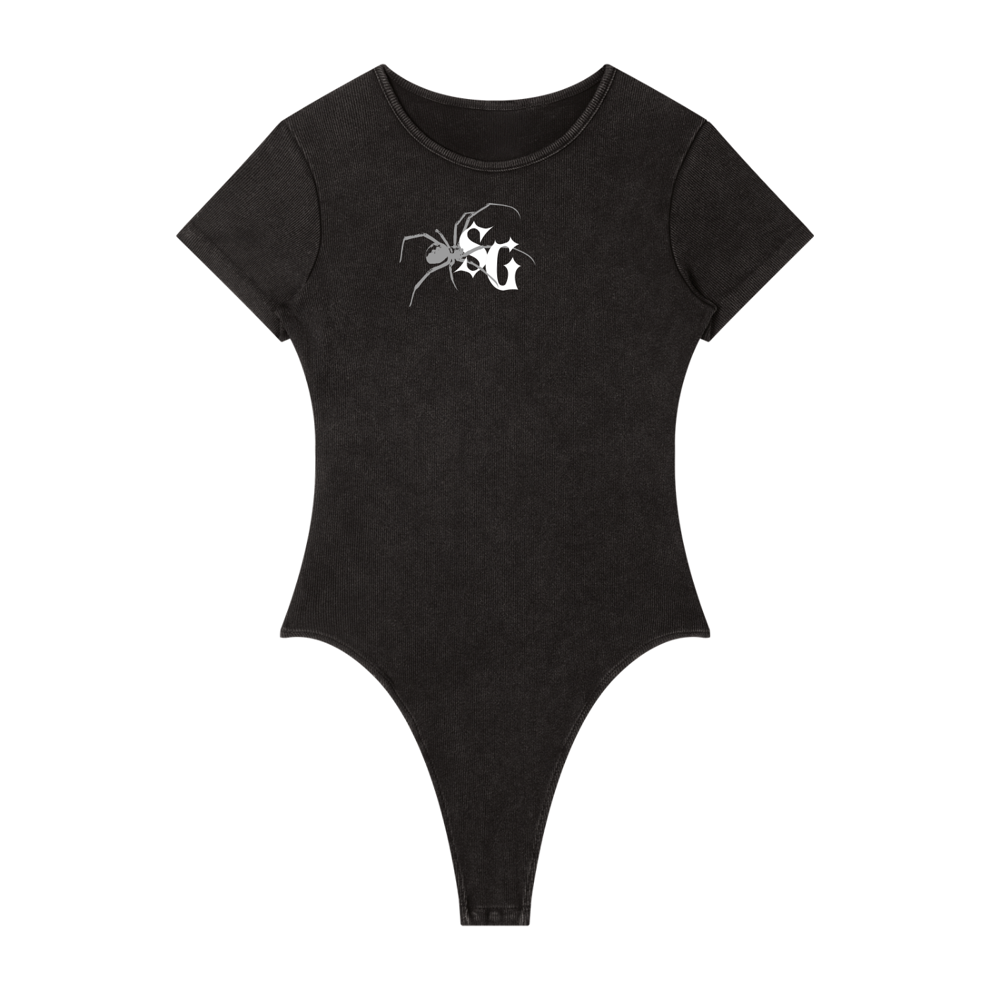 Black bodysuit with a white logo on a white background
