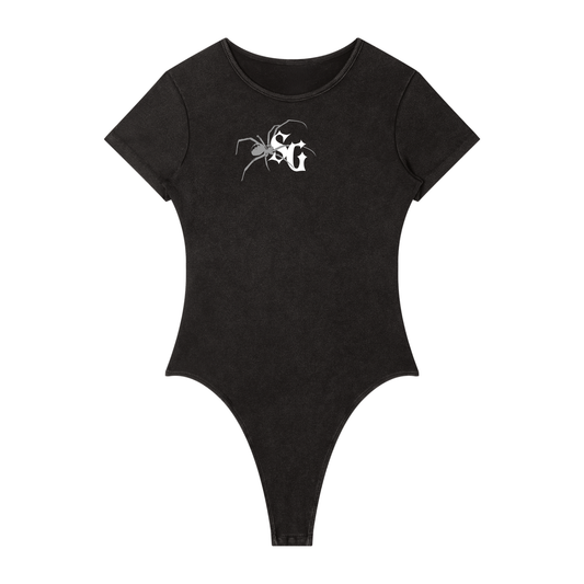 Black bodysuit with a white logo on a white background
