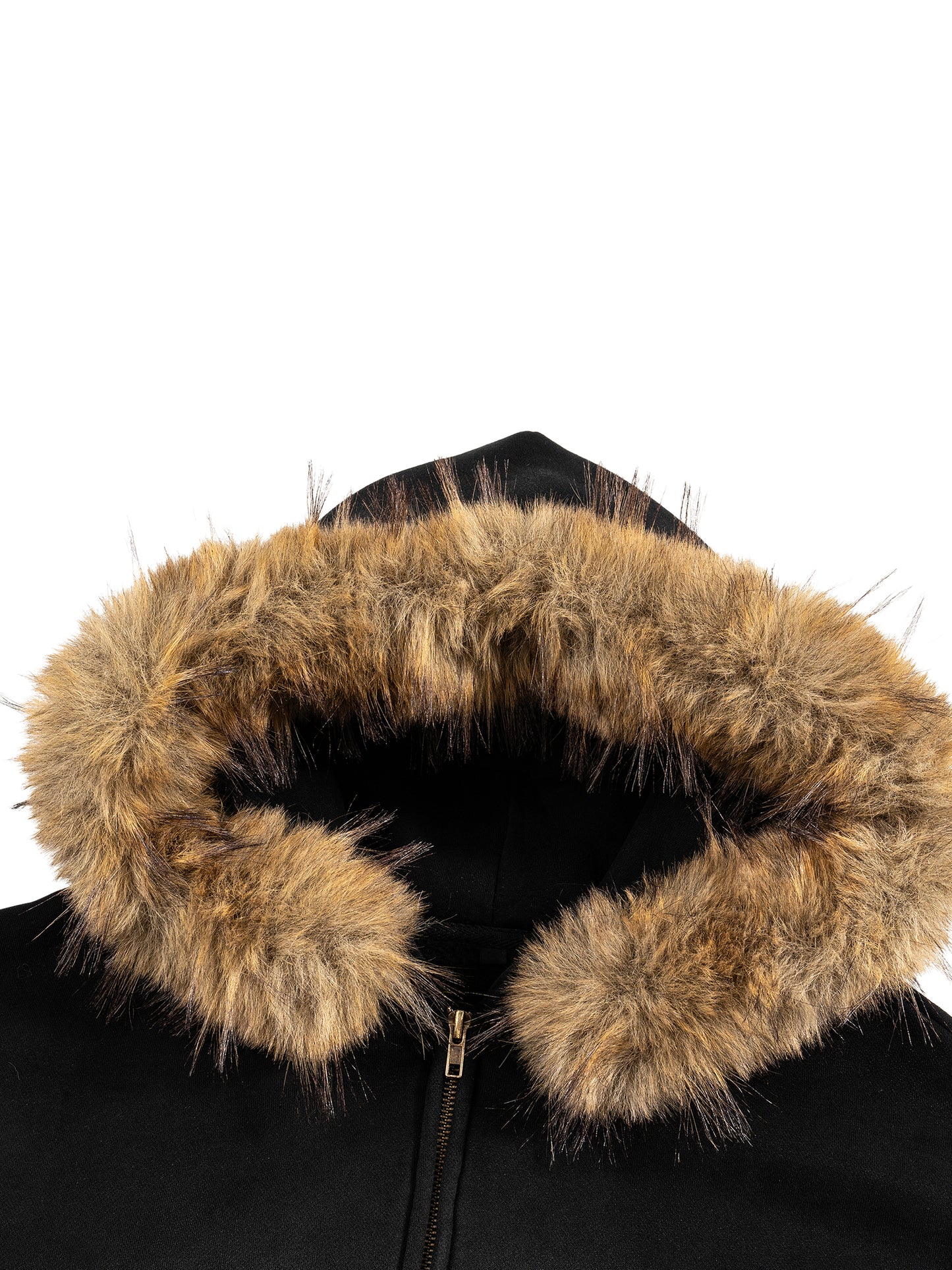 Close-up of tan faux-fur hood lining on black SXDGXDS zip hoodie.