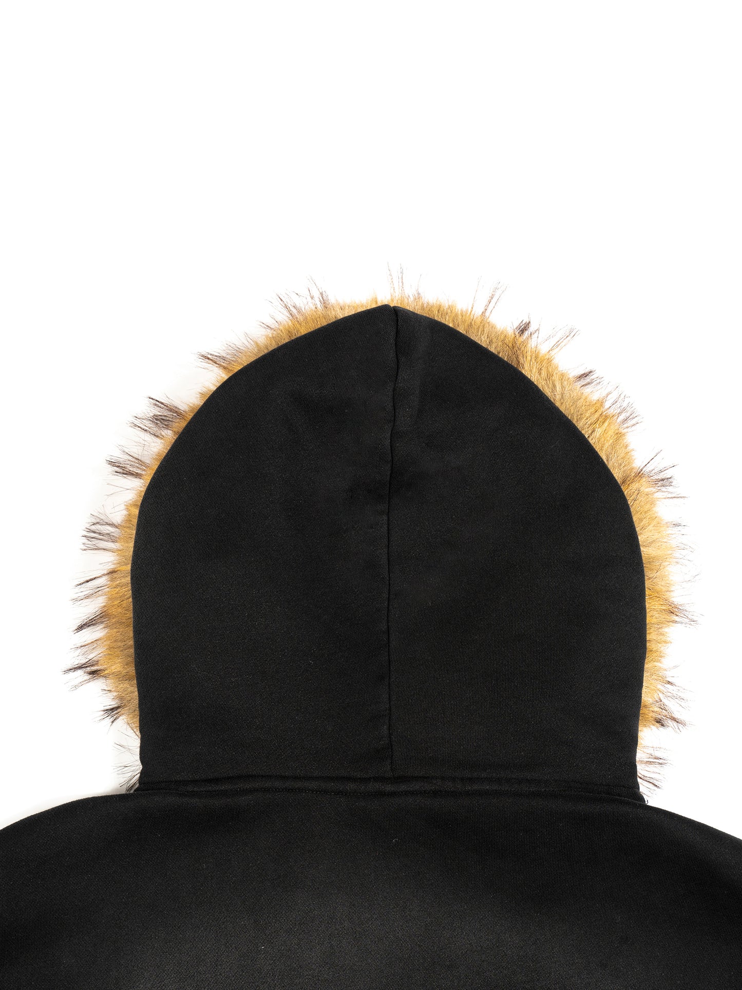 Back hood view of black SXDGXDS zip hoodie with tan faux-fur trim.