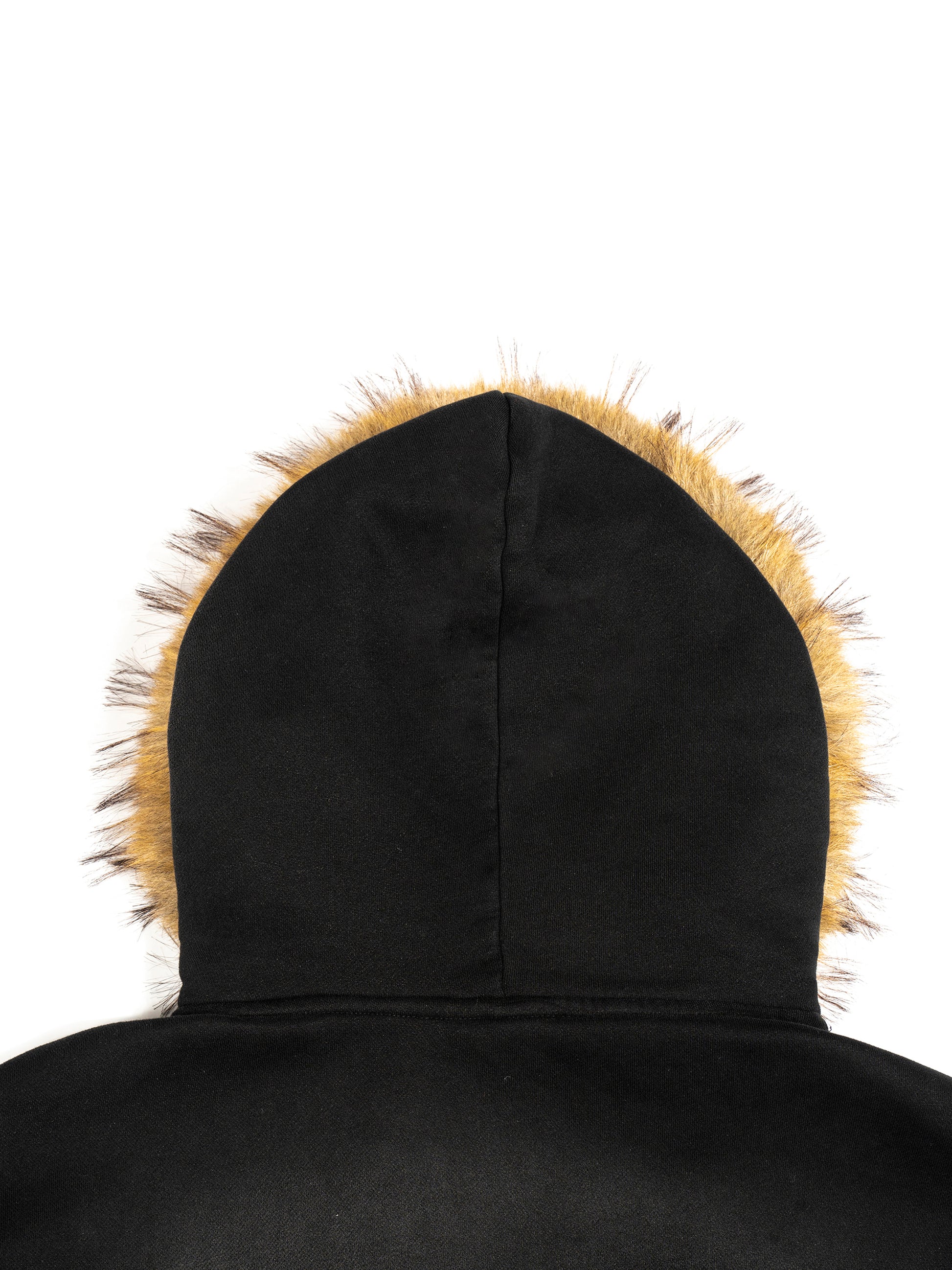 Back hood view of black SXDGXDS zip hoodie with tan faux-fur trim.