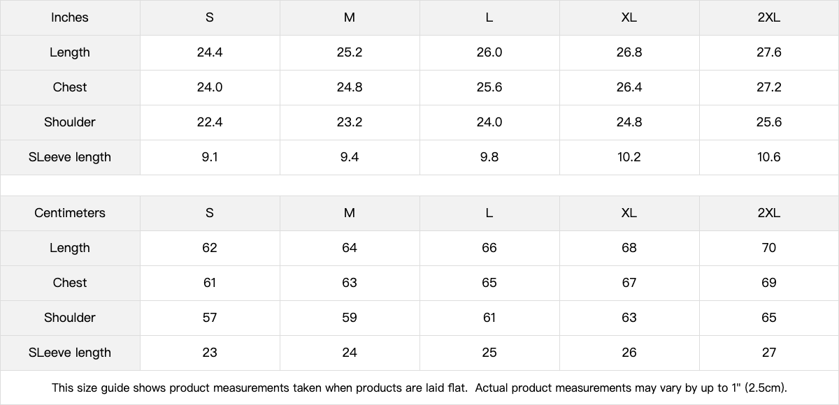 Measurement chart for clothing sizes in both inches and centimeters.