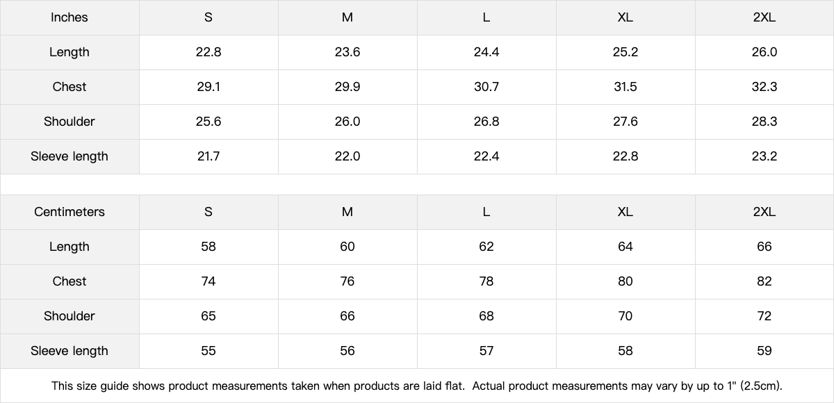 Size chart for clothing measurements in both inches and centimeters.