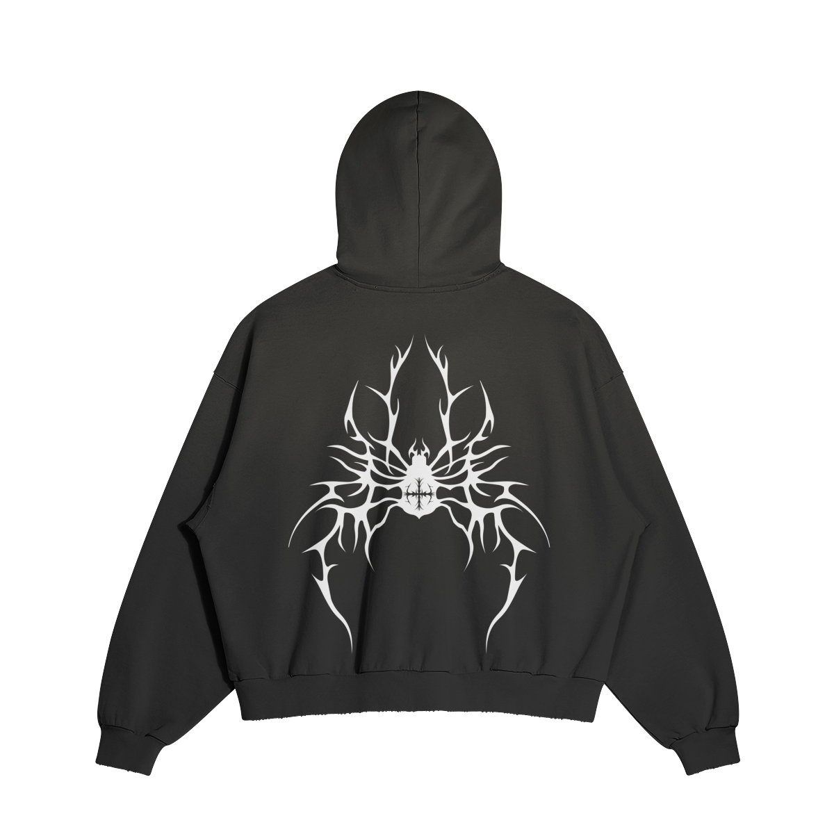 SXDGXDS Widow Hoodie: A black hoodie with a large, stylized spider design printed on the back. Features drop shoulders, a washed effect, a ripped pocket, and a boxy fit. Made of 100% cotton 32 count plain weave, pre-shrunk, and reactive-dyed for long-lasting color. Features side-seamed construction, binding taped neck and shoulders, and double-stitched ribbed cuffs and hem. Fabric weight: 380g/m².