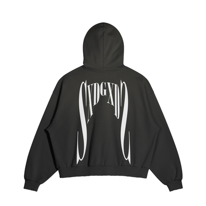Flat lay of black SXDGXDS hoodie featuring oversized white SG logo print across the back.