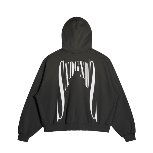 Flat lay of black SXDGXDS hoodie featuring oversized white SG logo print across the back.