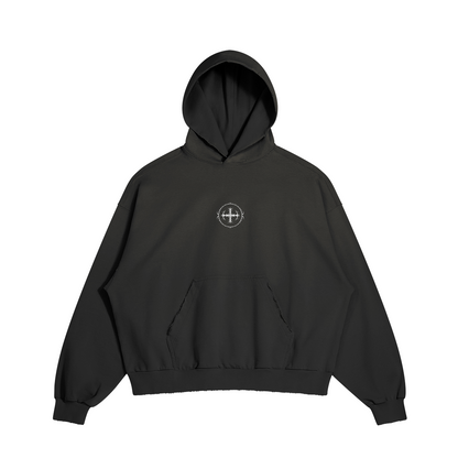 Front view of black SXDGXDS SG Logo Hoodie showing boxy fit and small white chest logo.