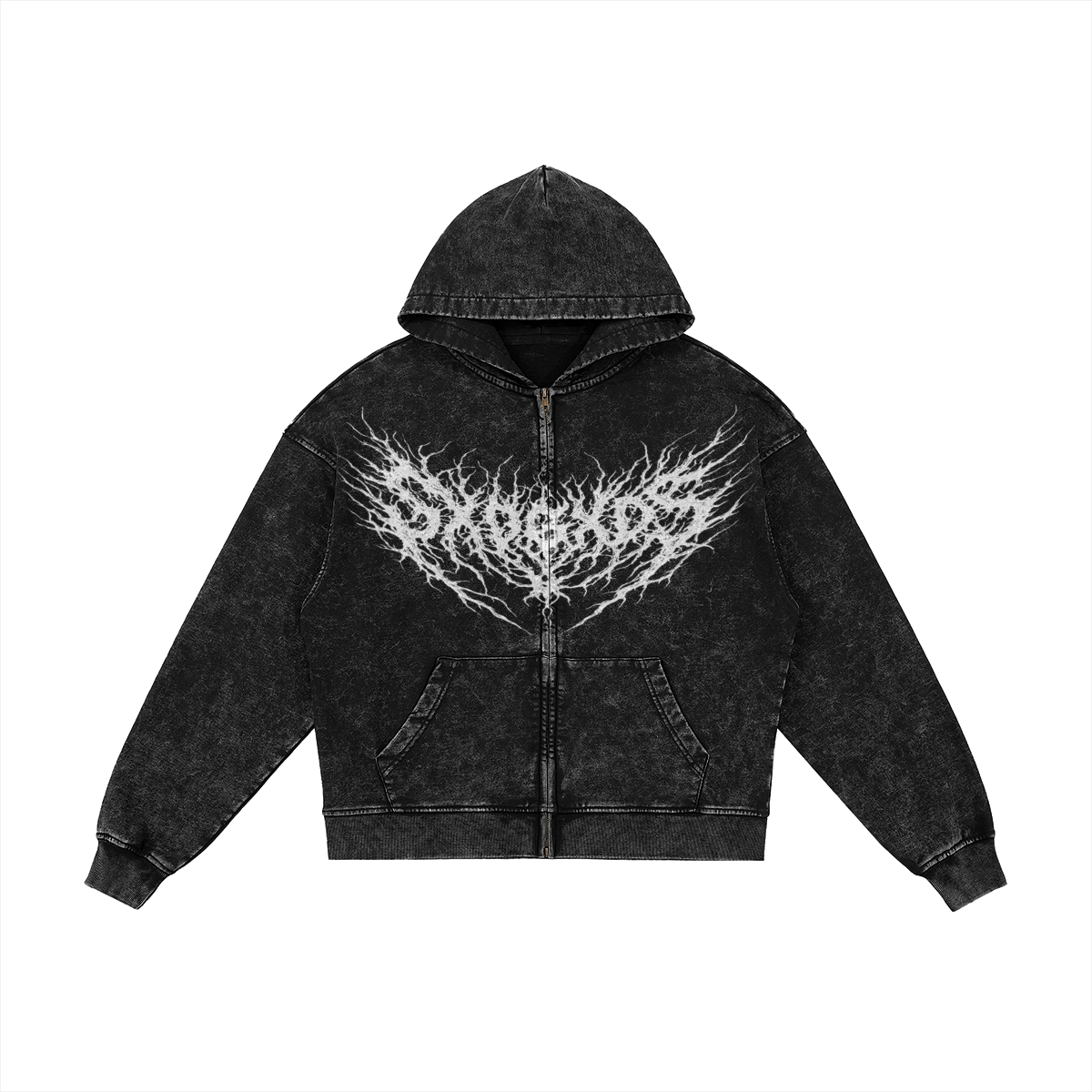 Flat lay of black snow-wash SXDGXDS zip hoodie featuring white spiked logo across the chest.
