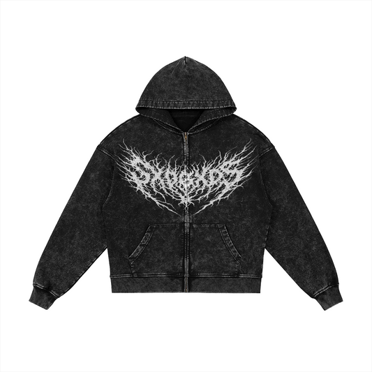Flat lay of black snow-wash SXDGXDS zip hoodie featuring white spiked logo across the chest.