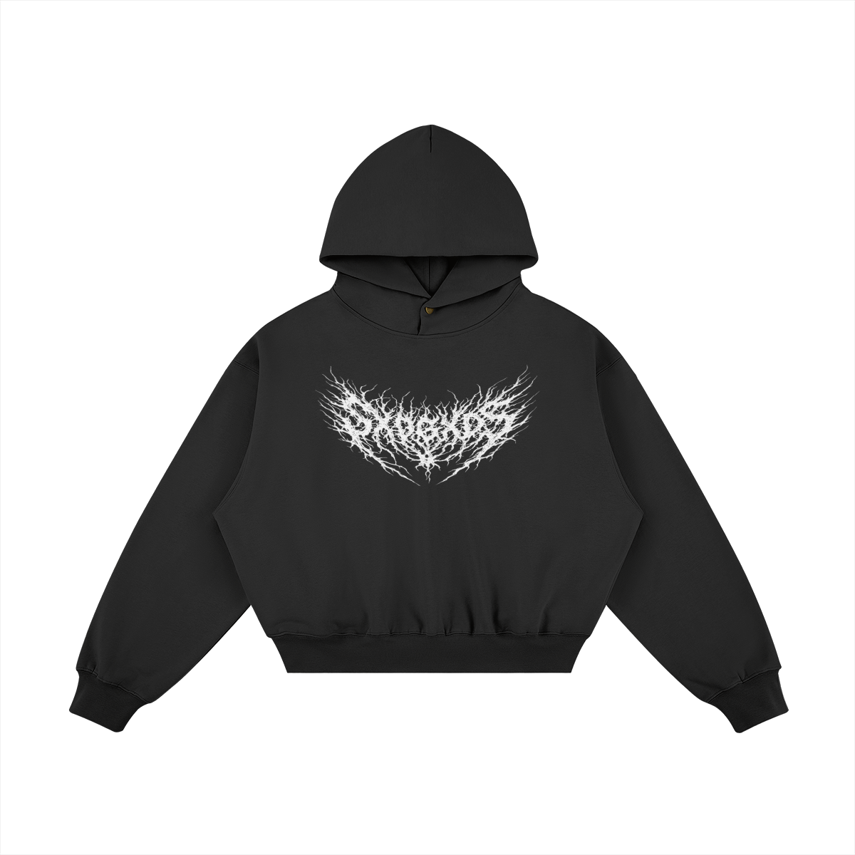 Flat lay of black SXDGXDS hoodie featuring white spiked logo across the chest.