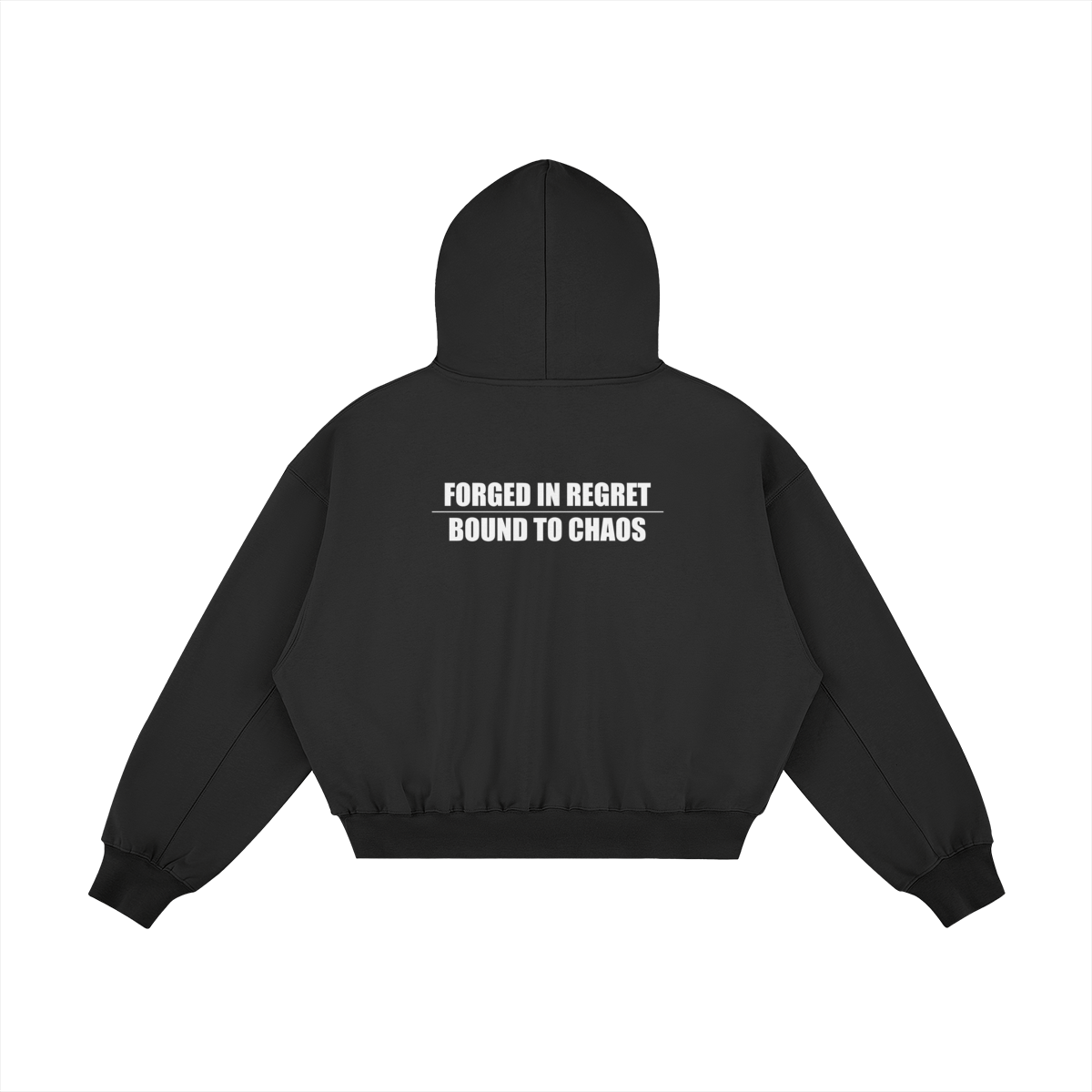Back view of black SXDGXDS hoodie with white “FORGED IN REGRET / BOUND TO CHAOS” text print.