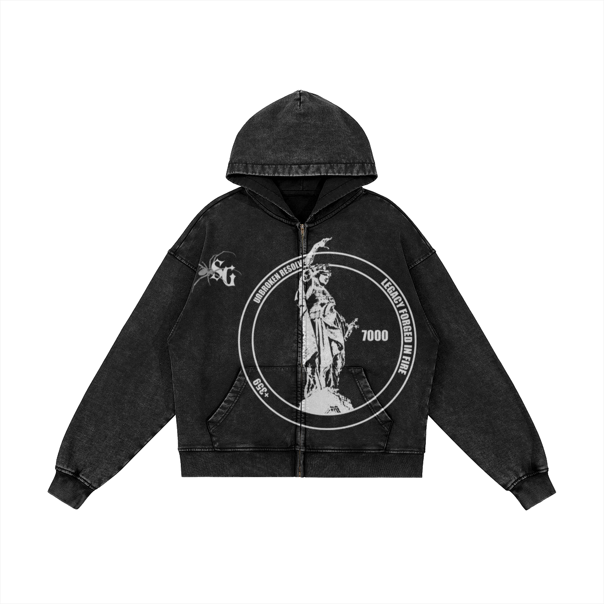 Front view of a black washed-effect full-zip hoodie featuring a central circular graphic with a statue and "Unbroken Resolve" text.